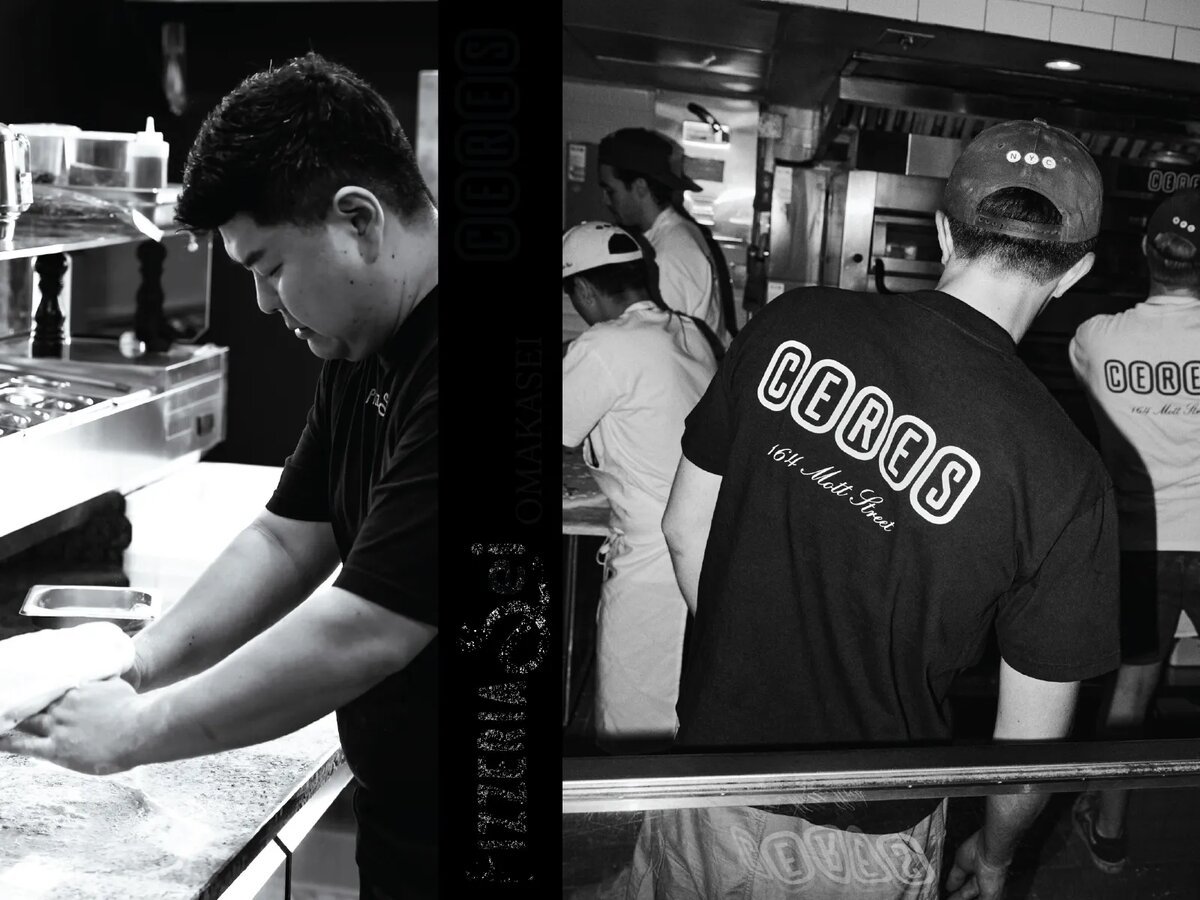 Black-and-white split photo of a chef stretching pizza dough beside pizza cooks in Ceres shirts working at an oven