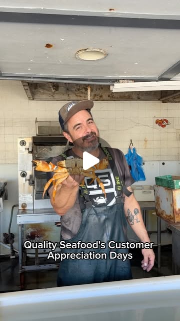 Quality Seafood staffer holding a live crab in the market, with a caption reading Quality Seafood's Customer Appreciation Days