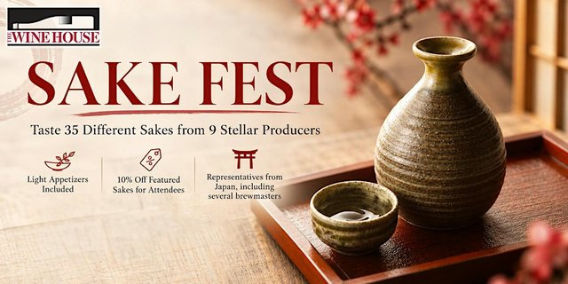 Sake Fest flyer from The Wine House showing a ceramic sake flask and cup on a lacquered wooden tray