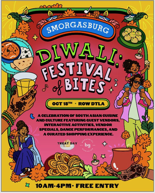 Colorful Smorgasburg Diwali flyer with illustrated South Asian dishes, marigolds and diyas