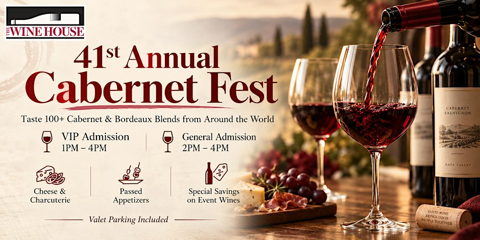 Red wine pouring into a glass beside Cabernet bottles and a charcuterie board, with the 41st Annual Cabernet Fest title