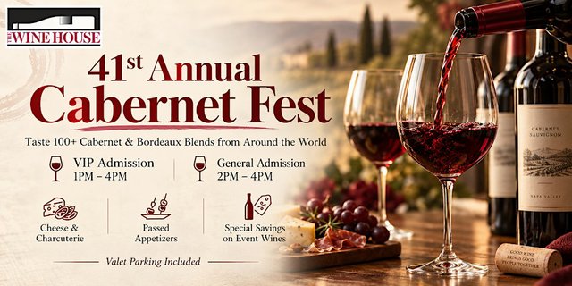 Red wine pouring into a glass beside Cabernet bottles and a charcuterie board, with the 41st Annual Cabernet Fest title