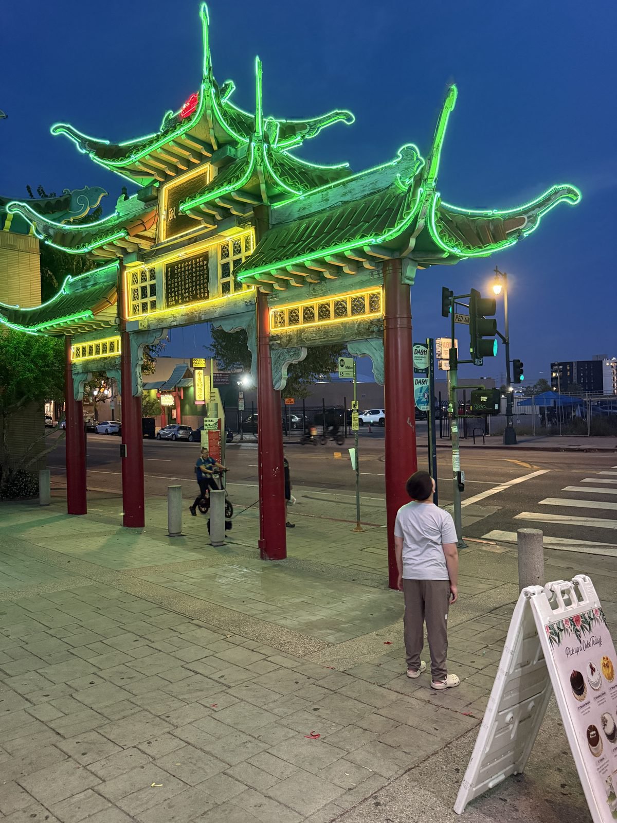 Chinatown Central Plaza in Los Angeles with traditional pagoda-style rooflines and neon signage