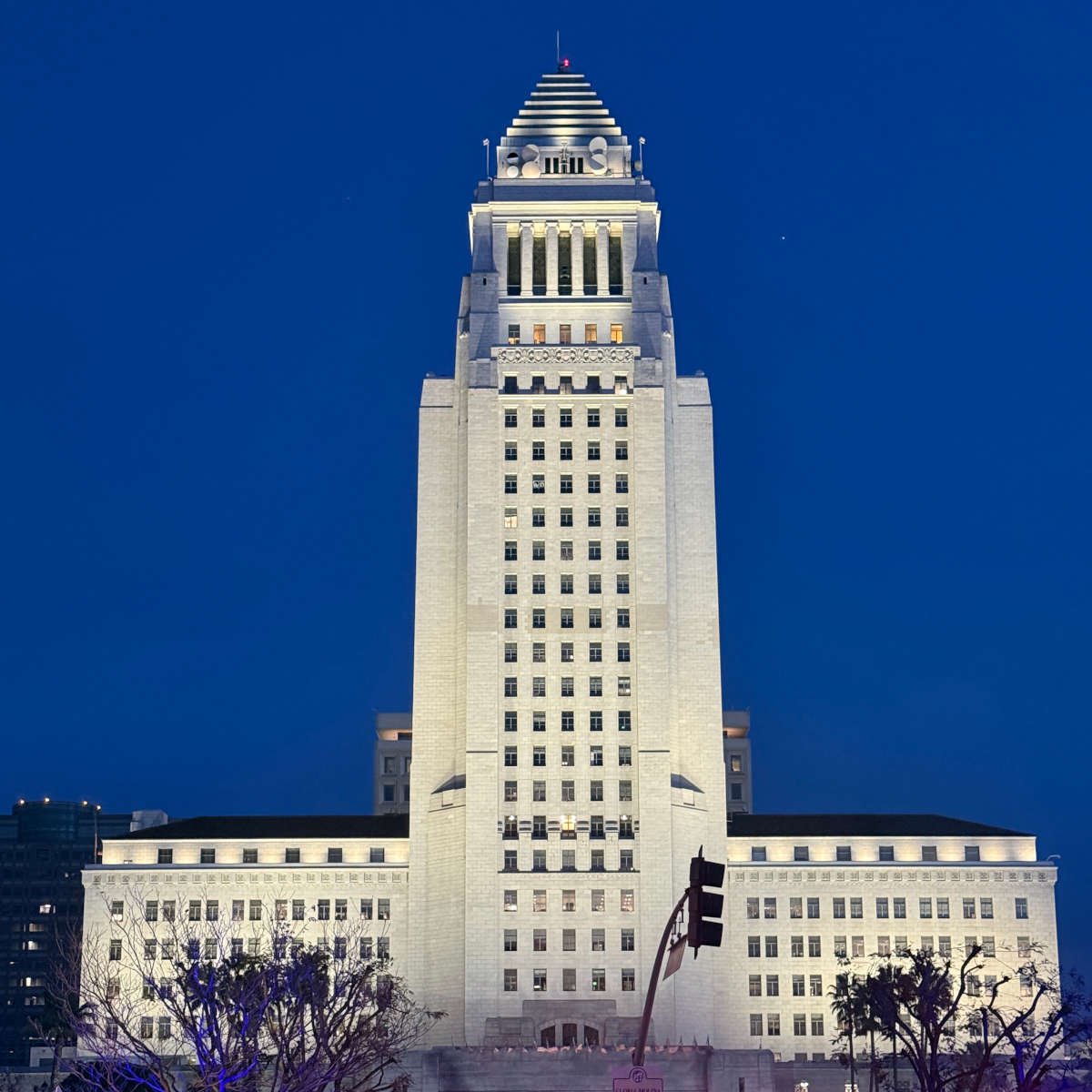 Los Angeles City Hall tower rising above downtown, home to a free public observation deck