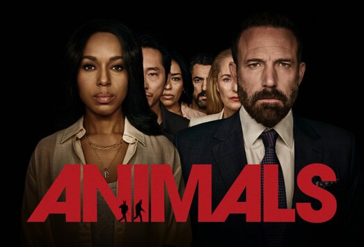 Animals key art: a woman in a tan shirt and a bearded man in a dark suit stand in front of four more faces, with the title in huge red block letters