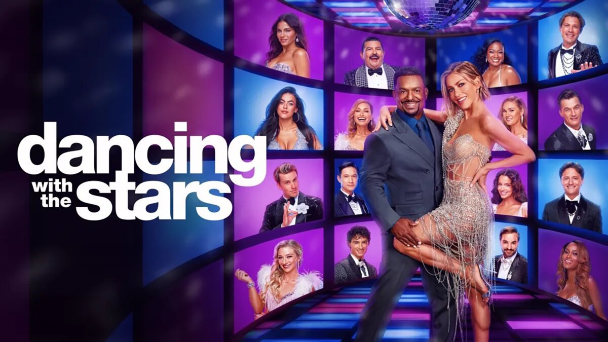 Promotional key art for Dancing with the Stars showing a dancing pair in front of a wall of framed portraits and a disco ball, with the show logo at left