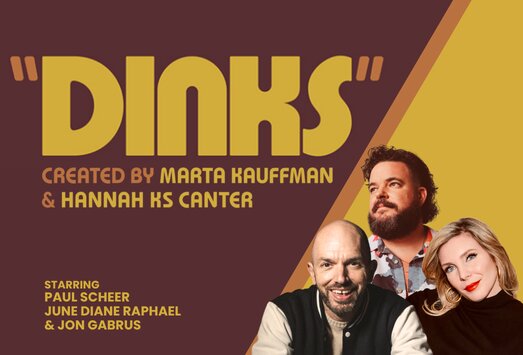 Maroon and gold poster with the show title DINKS in large retro lettering and three smiling people in the corner