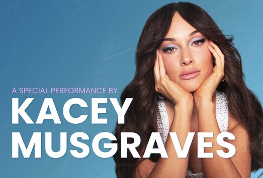 Kacey Musgraves with long dark hair resting her chin in her hands against a blue background, beside the words A Special Performance by Kacey Musgraves