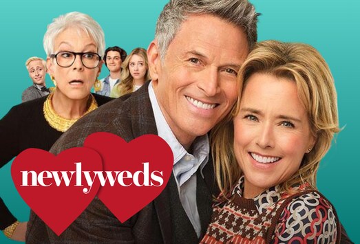 Promotional art for Newlyweds showing the two leads embracing with the supporting cast behind them