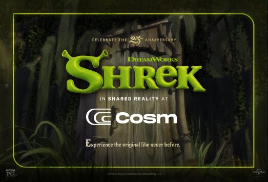 Promotional poster reading Shrek in Shared Reality at Cosm, with the green Shrek logo over a dark swamp background and the line Experience the original like never before