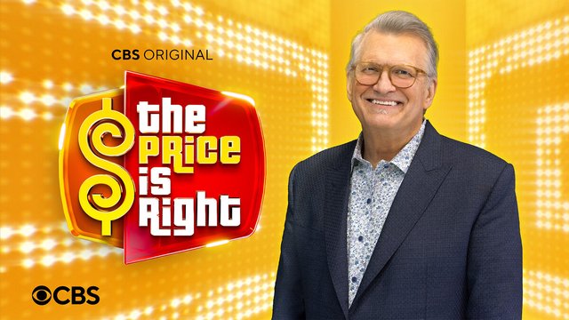 Promotional artwork for The Price Is Right showing the show logo beside smiling host Drew Carey on a gold background