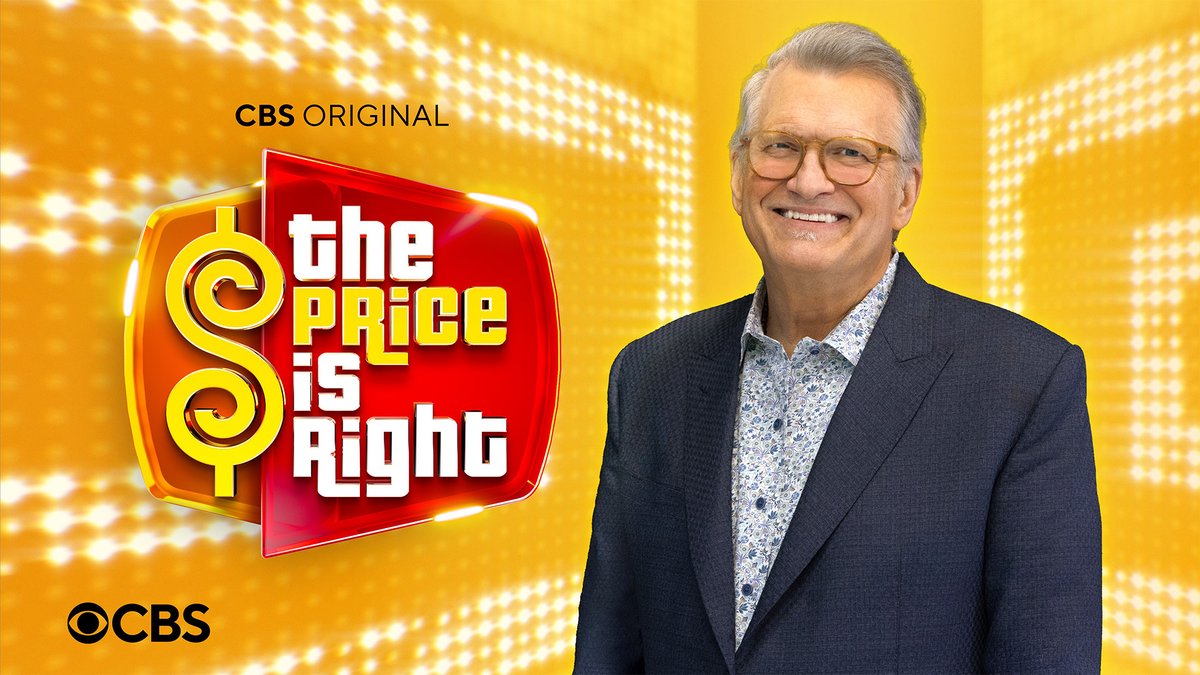 Host Drew Carey smiling in a navy blazer beside the red and gold The Price Is Right logo on a bright yellow lighted backdrop