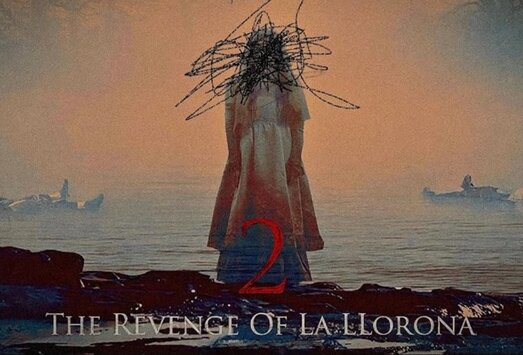 Poster art for The Revenge of La Llorona showing a pale figure in a white dress with scribbled black hair, standing in misty water at dusk