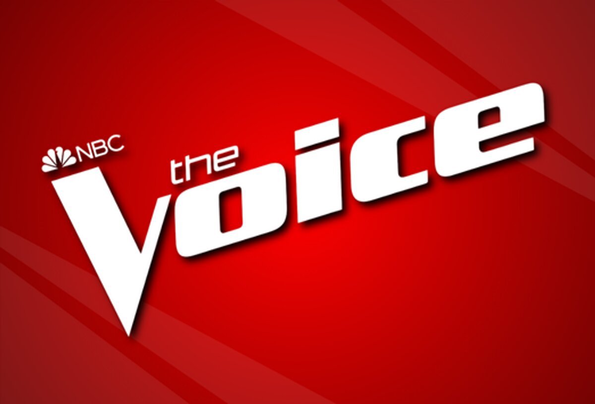 White The Voice logo with the NBC peacock on a red background