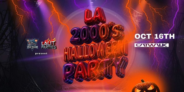 Event flyer for the LA 2000s Halloween Party on October 16 at Catwalk, with glossy orange and purple balloon lettering, lightning and a glowing jack-o-lantern