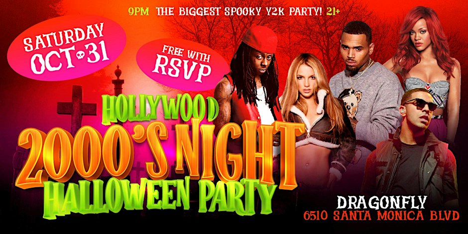Event flyer for the Hollywood 2000's Night Halloween Party at Dragonfly on Saturday, October 31, with a cemetery backdrop, green and orange lettering and a collage of 2000s pop and hip-hop stars