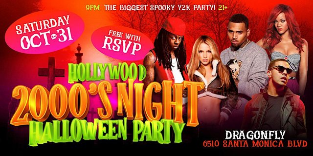 Event flyer for the Hollywood 2000's Night Halloween Party at Dragonfly on Saturday, October 31, with a cemetery backdrop, green and orange lettering and a collage of 2000s pop and hip-hop stars