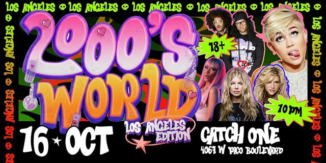 Event flyer for 2000's World Los Angeles Edition at Catch One on October 16, with bubble lettering, flip phone charms and a collage of 2000s pop stars