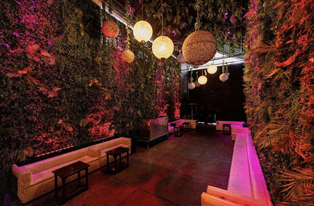 Lounge room with pink-lit living plant walls, woven globe lanterns hanging overhead and white banquettes around low tables