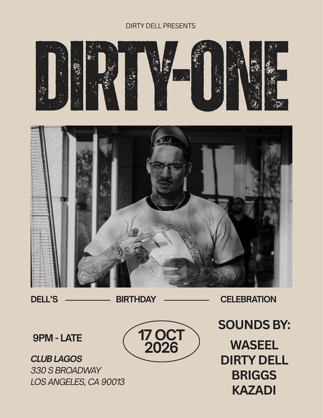 DIRTY-ONE flyer with a black-and-white photo of Dirty Dell, the Oct 17 date, Club Lagos address and the Waseel, Dirty Dell, Briggs and Kazadi lineup