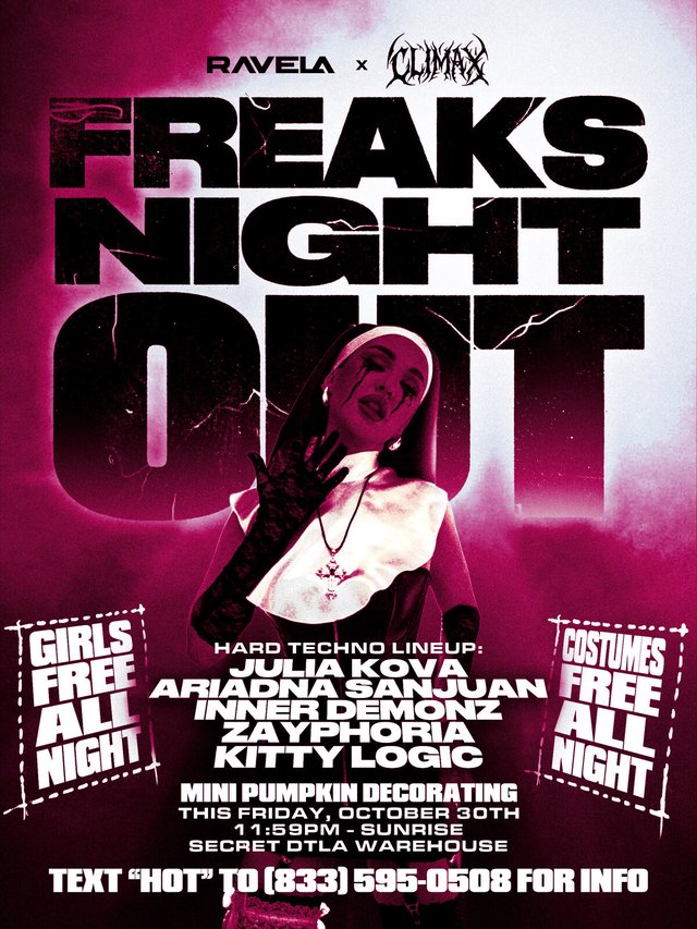 Pink and black flyer for Freaks Night Out showing a figure dressed as a nun with a lace glove, above the hard techno lineup