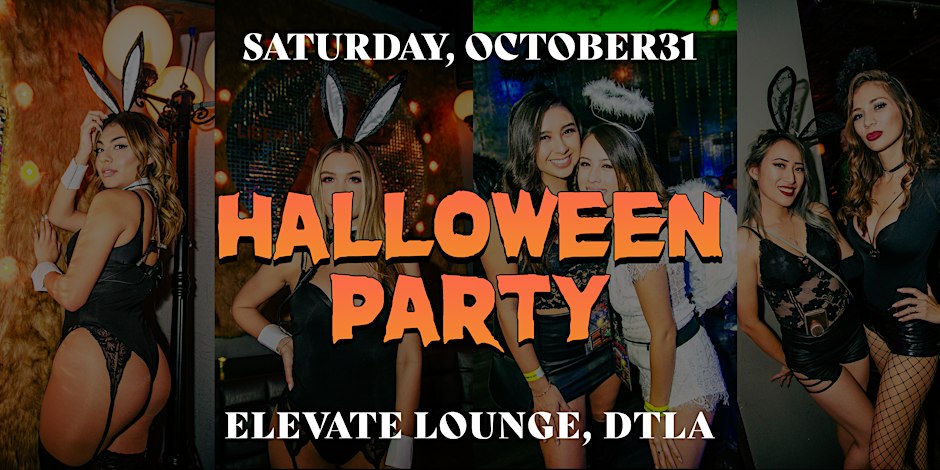 Event flyer reading Halloween Party, Saturday October 31, Elevate Lounge DTLA, with photos of costumed partygoers in bunny ears and angel wings