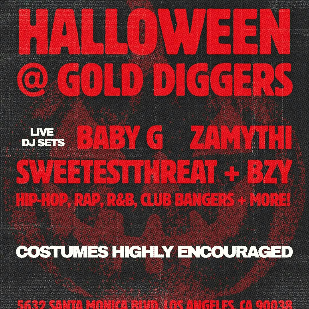 Red and black Halloween flyer for Gold-Diggers listing live DJ sets by Baby G, Zamythi, Sweetestthreat and BZY over a faded pumpkin graphic