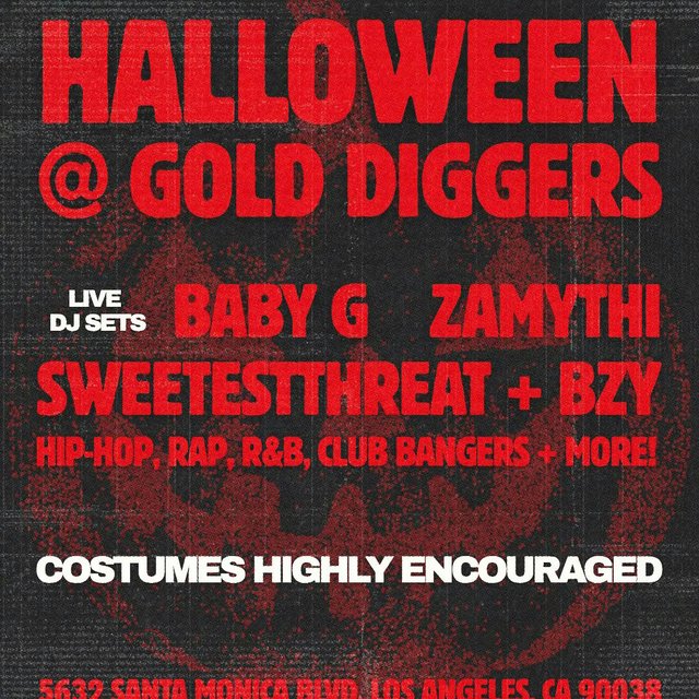 Red and black Halloween flyer for Gold-Diggers listing live DJ sets by Baby G, Zamythi, Sweetestthreat and BZY over a faded pumpkin graphic