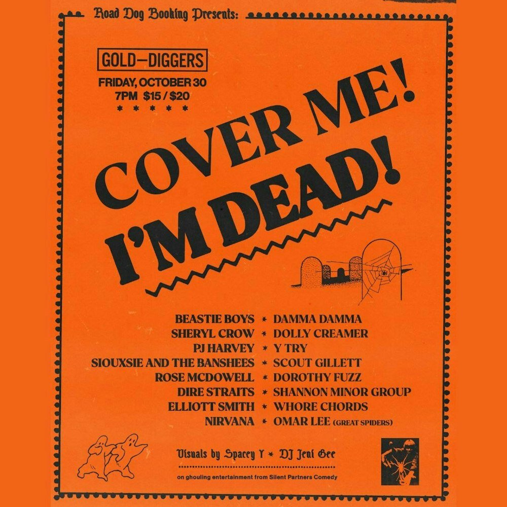 Orange Halloween flyer for Gold-Diggers on Friday, October 30, with a tombstone and cobweb illustration and a credit line for visuals and DJ Jeni Gee