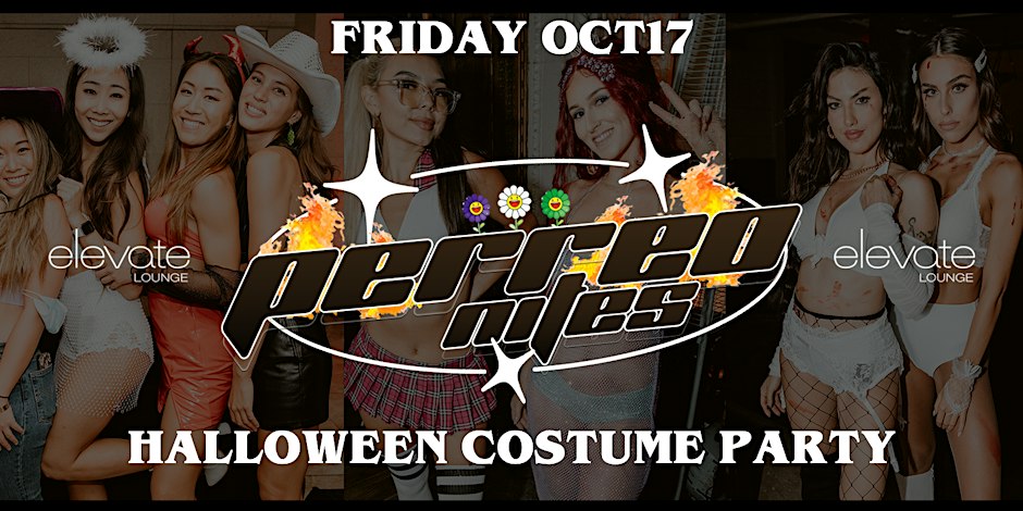 Perreo Nites Halloween costume party flyer for Elevate Lounge, with partygoers in angel halos, devil horns and costume outfits on either side of the logo