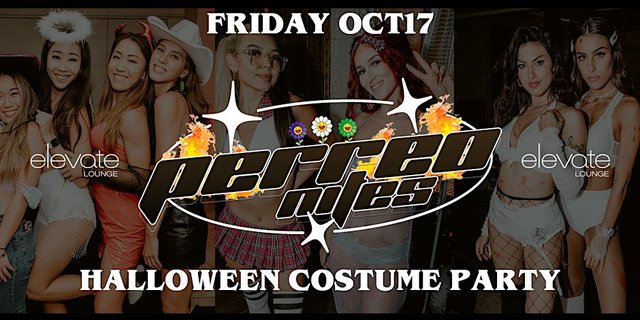 Perreo Nites Halloween costume party flyer for Elevate Lounge, with partygoers in angel halos, devil horns and costume outfits on either side of the logo