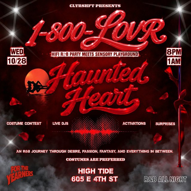 Red and black event flyer for Haunted Heart, a Wednesday 10/28 R&B party from 8PM to 1AM with a costume contest, live DJs and activations