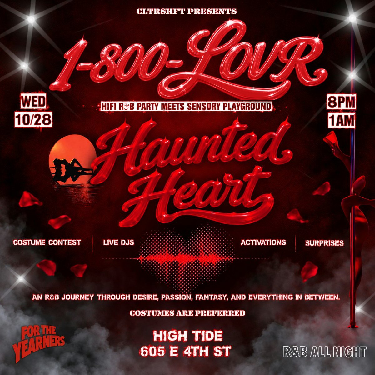 Red and black event flyer for Haunted Heart, a Wednesday 10/28 R&B party from 8PM to 1AM with a costume contest, live DJs and activations