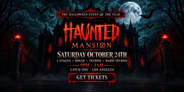 Event flyer showing a dark gothic mansion under a full moon with red lanterns, bats and the words Haunted Mansion, Saturday October 24th, 9PM to 2AM, Catch One