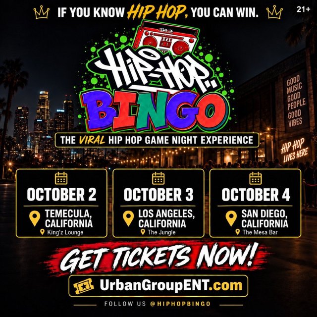 Hip Hop Bingo flyer with a graffiti-style logo and boombox over a night skyline, listing October dates in Temecula, Los Angeles and San Diego