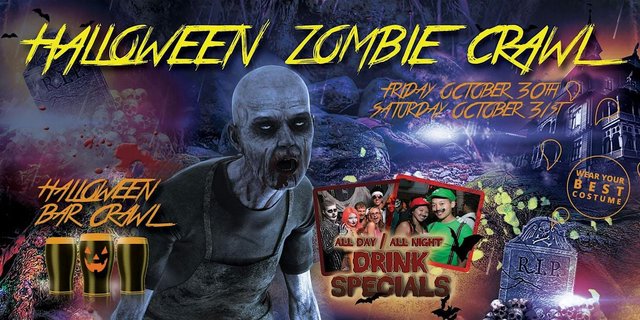 Event poster for the Halloween Zombie Crawl showing a gray zombie in an apron, three pint glasses with a jack-o-lantern, and the dates October 30 and 31