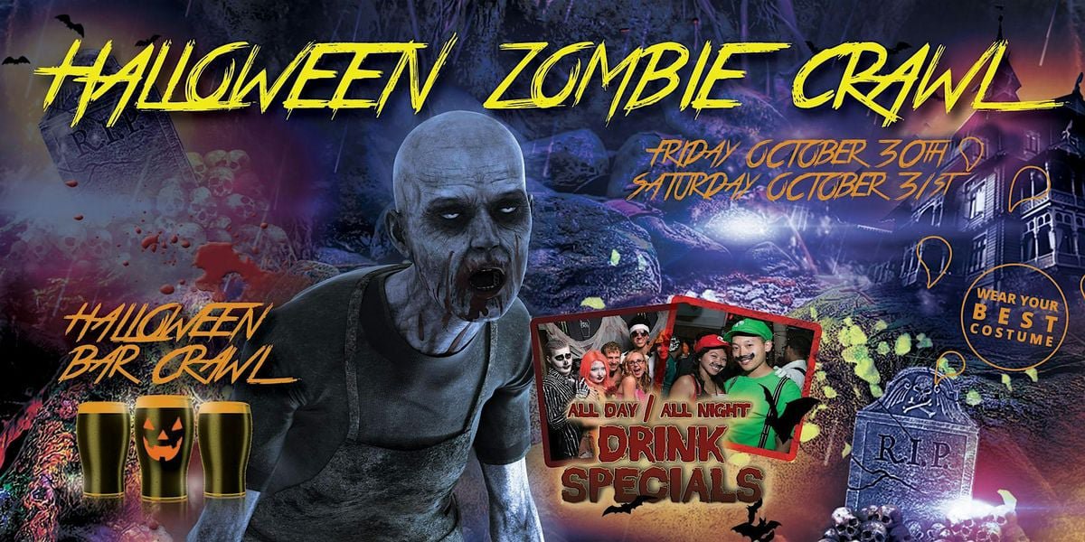Event poster for the Halloween Zombie Crawl showing a gray zombie in an apron, three pint glasses with a jack-o-lantern, and the dates October 30 and 31