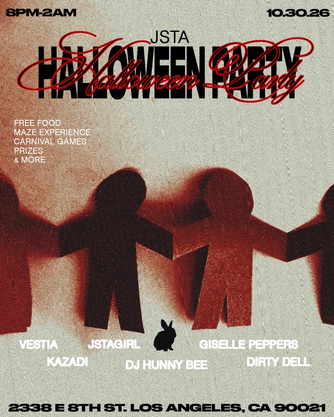 Event flyer showing red and black paper-doll silhouettes holding hands, with the party date, lineup and address