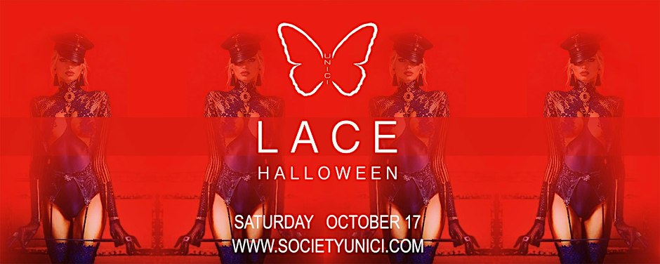 Red promotional flyer for Lace Halloween by Society Unici, dated Saturday October 17