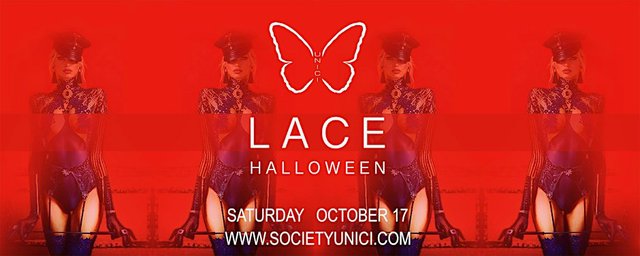 Red promotional flyer for Lace Halloween by Society Unici, dated Saturday October 17