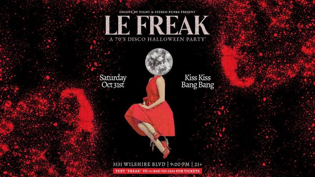 Red and black Halloween flyer for Le Freak with a woman in a red dress and a mirror ball for a head
