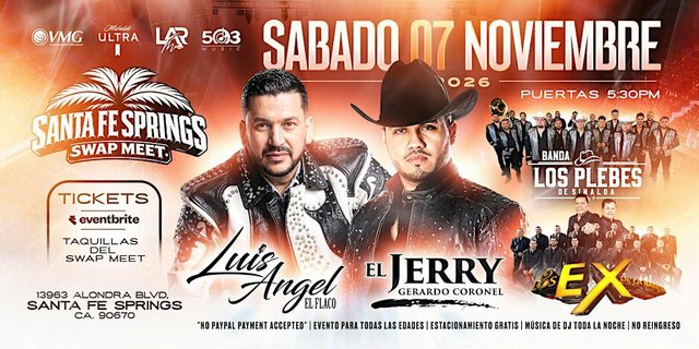 Event flyer for a November 7 show at the Santa Fe Springs Swap Meet with Luis Angel and El Jerry Coronel in studded jackets, plus two banda groups