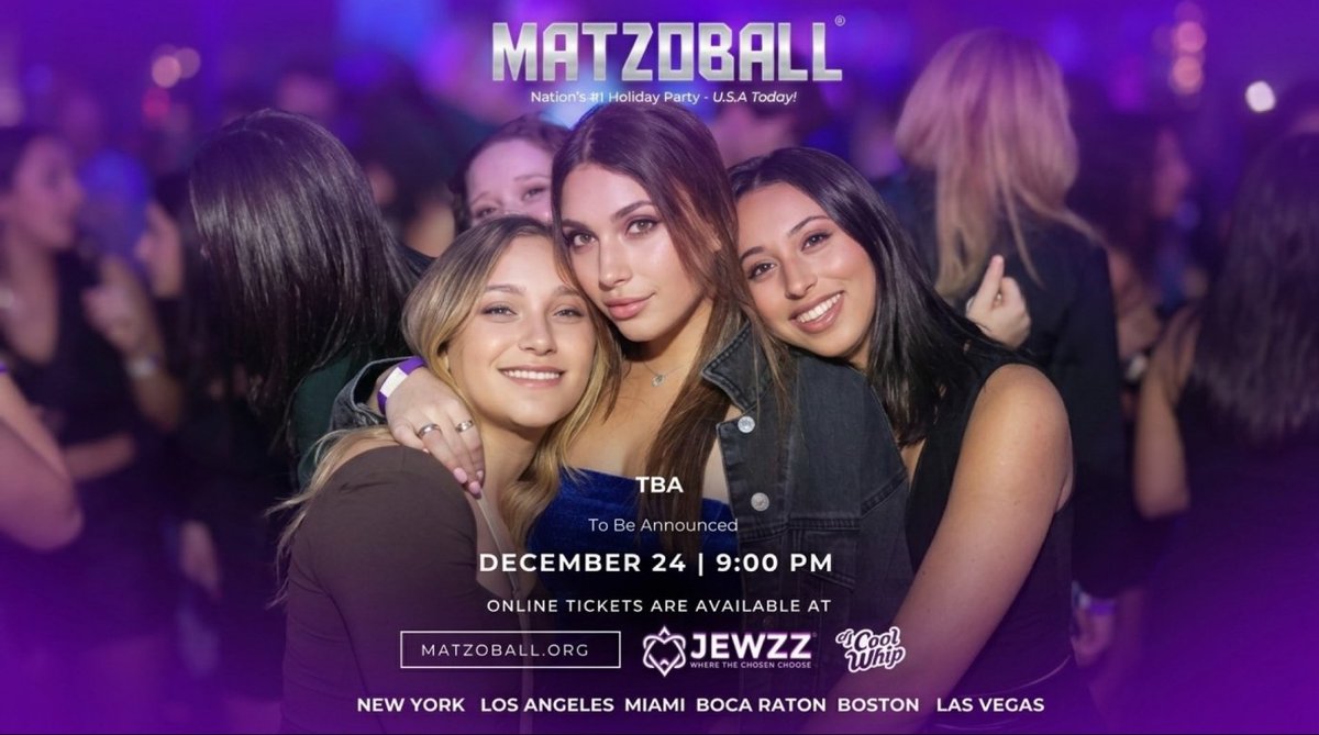 Three smiling young women posing together at a crowded, purple-lit MatzoBall party with event details printed below
