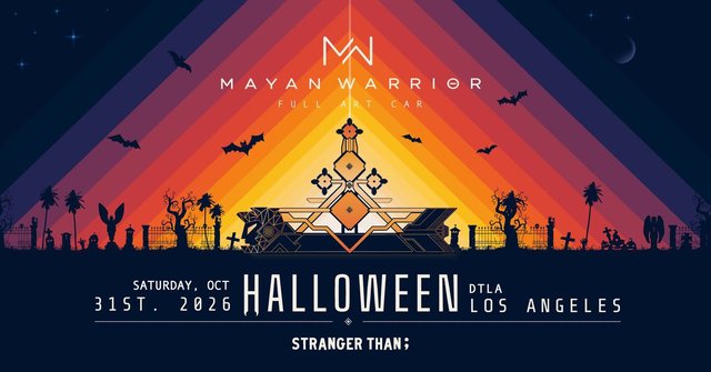 Event poster with the Mayan Warrior art car under striped orange and purple rays, surrounded by bats and a graveyard silhouette