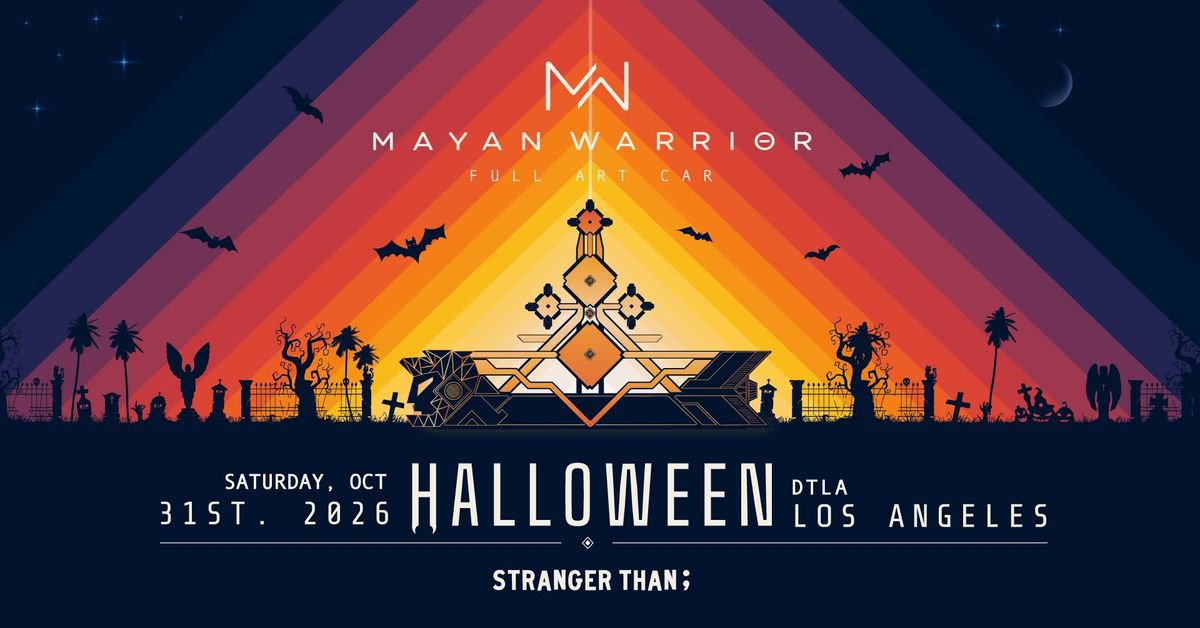 Event poster with the Mayan Warrior art car under striped orange and purple rays, surrounded by bats and a graveyard silhouette
