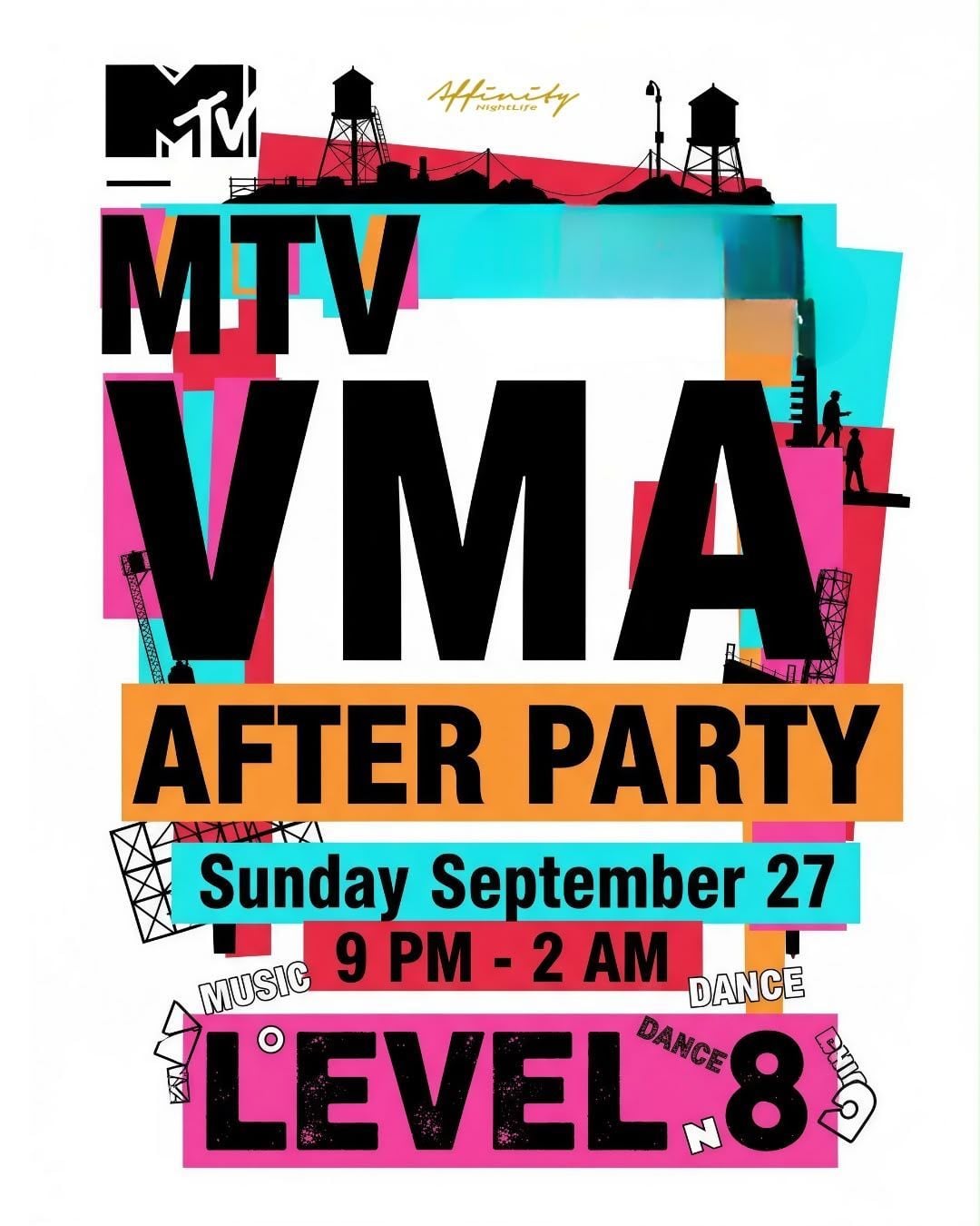 Promotional flyer for the Official MTV Video Music Awards After Party at Level 8 in the Moxy Hotel, Downtown Los Angeles