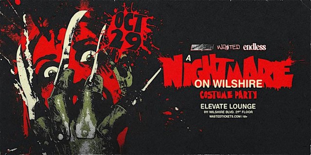 Red and black flyer for Nightmare on Wilshire showing a clawed glove, with Oct 29 and Elevate Lounge, 18+
