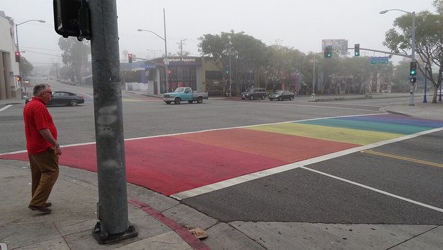 Rainbow-painted crosswalk at the corner of Santa Monica Boulevard and San Vicente Boulevard in West Hollywood