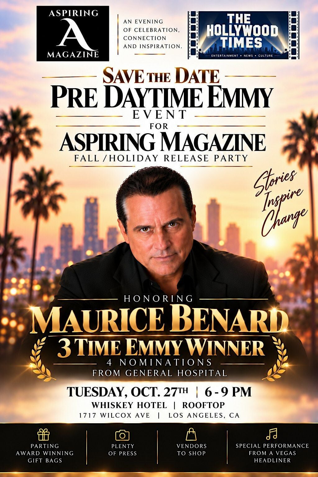 Event flyer for the Aspiring Magazine Pre-Emmy release party, showing a portrait of honoree Maurice Benard against palm trees and a sunset Los Angeles skyline