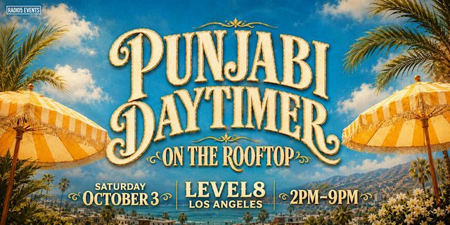 Event flyer for the Punjabi Daytimer on the Level 8 rooftop in Downtown Los Angeles on October 3
